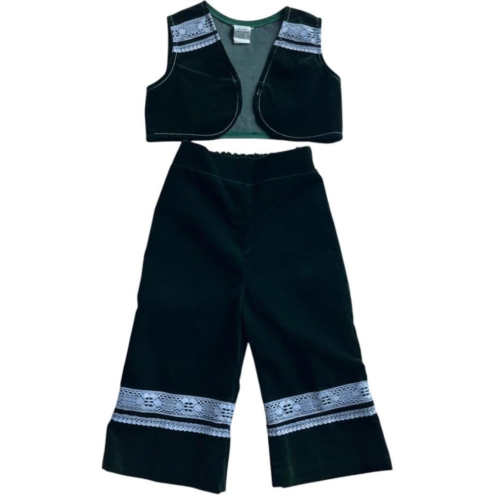 Vintage Aldens Kids Forest Green Velvet Lace Vest and Pants Set 2T  Holiday 70s